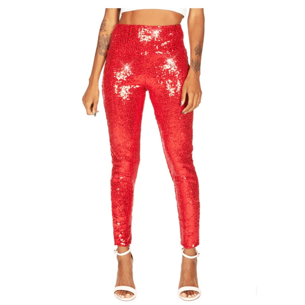 Tipsy Elves Red Sequin High Waisted Leggings Women XL TE-CWP322 Holiday Festive